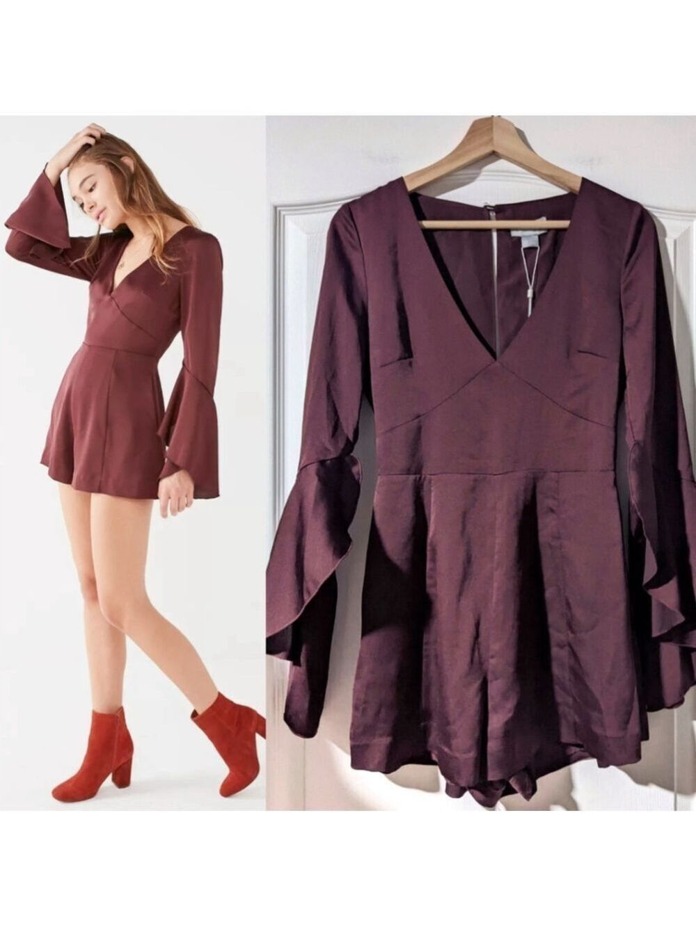 NWT Finders Keepers | Seasons Bell-Sleeve Romper in Plum